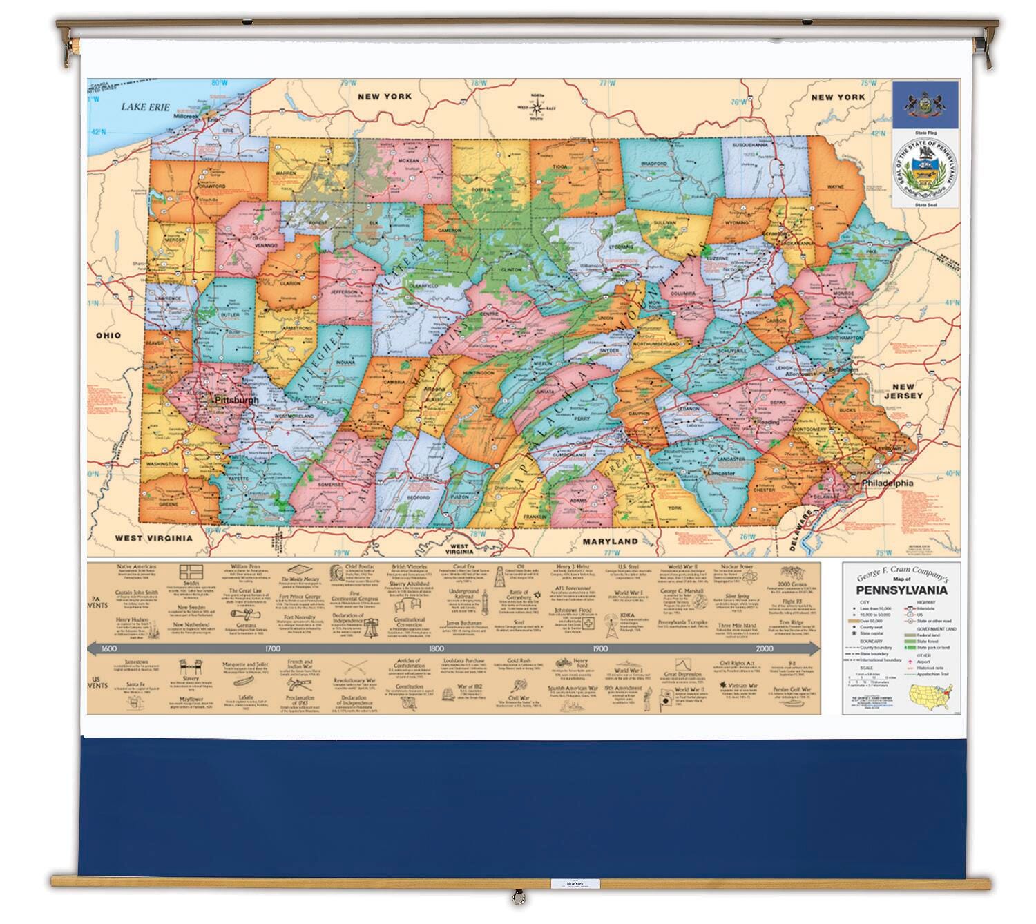 Nystrom Pennsylvania Pull Down Roller Classroom Map, 64 x 50, Item Number 088639